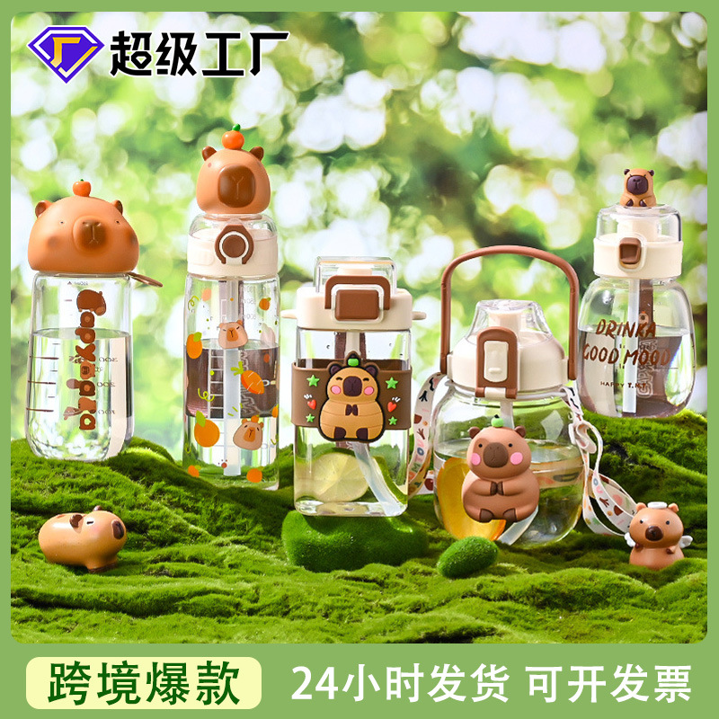 卡皮巴拉卡通公仔水杯儿童吸管杯夏季户外便携运动水壶塑料水杯