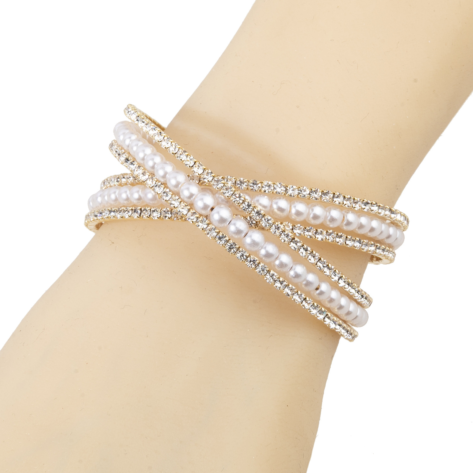 Manufacturer's supply of cross-border classic water diamond bracelets, steel wire elastic opening adjustable jewelry, women's banquet dress accessories, pearl jewelry details Picture