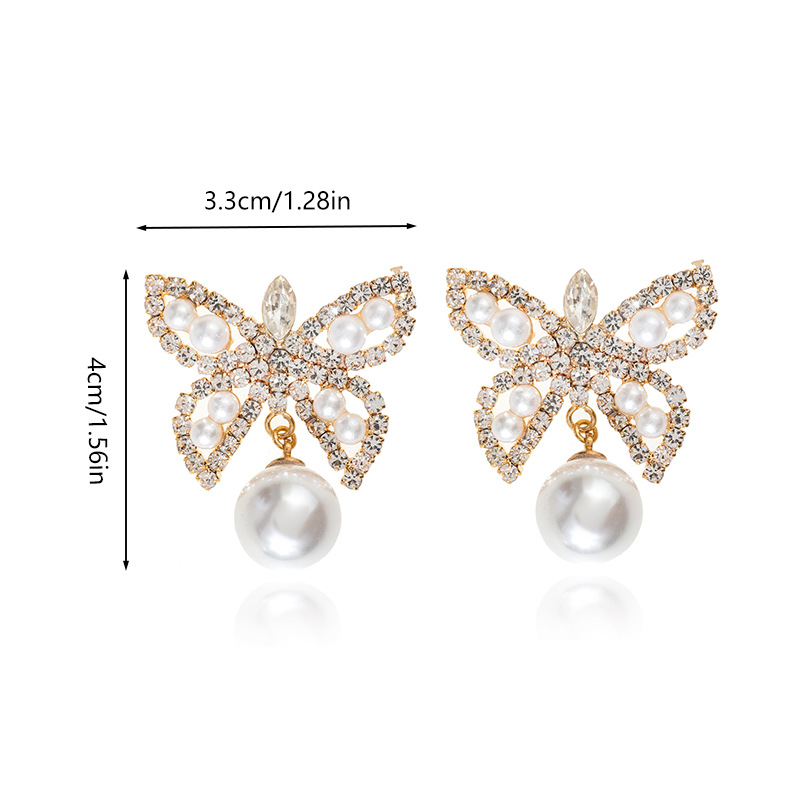 Cross-border Korean version full diamond bride wedding pearl butterfly earrings, women's design sense exquisite rhinestone claw chain earrings wholesale details Picture