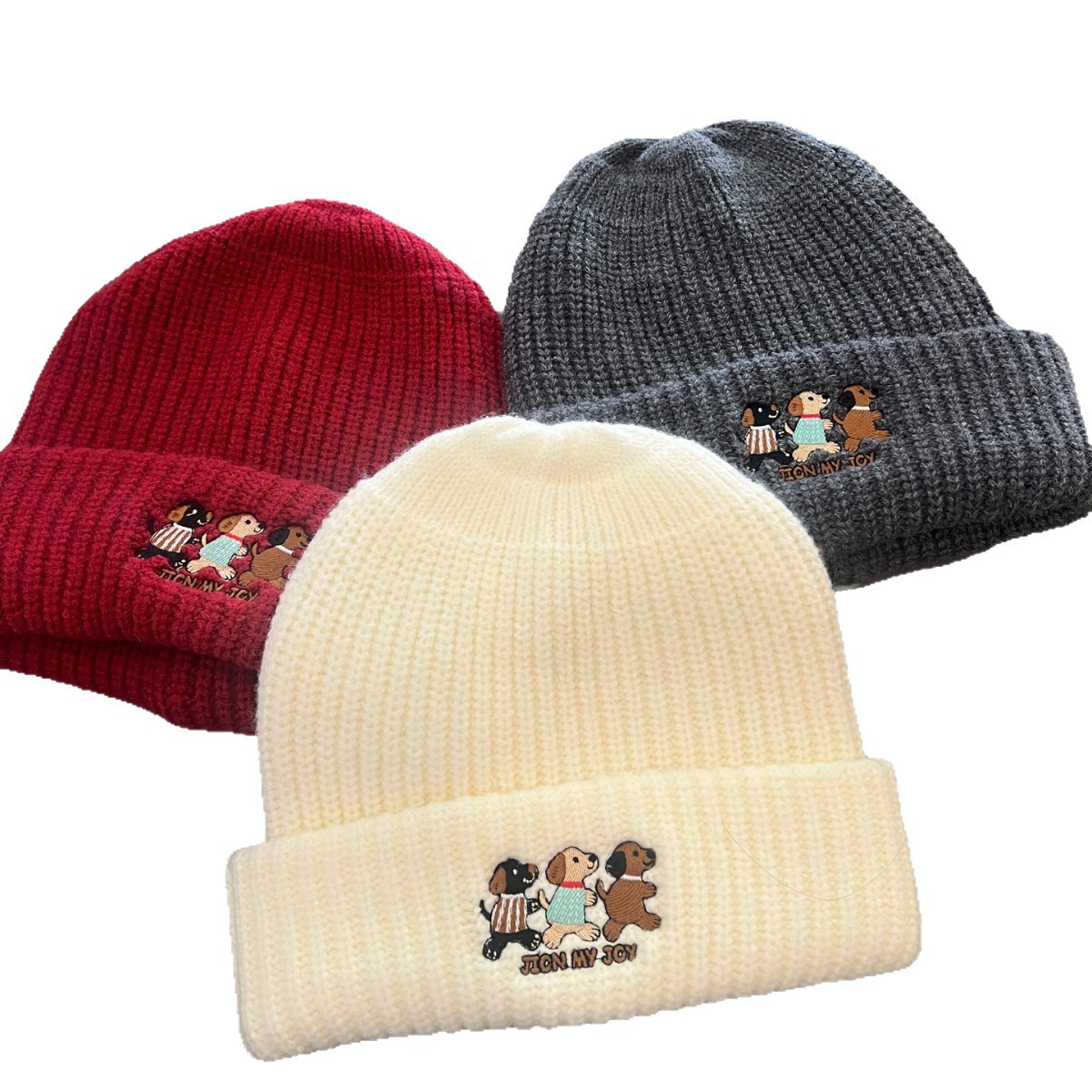 Cute three little dog embroidered woolen hats, children's warm autumn and winter ear-protecting knitted hats, face-enhancing little versatile headscarves Item Picture