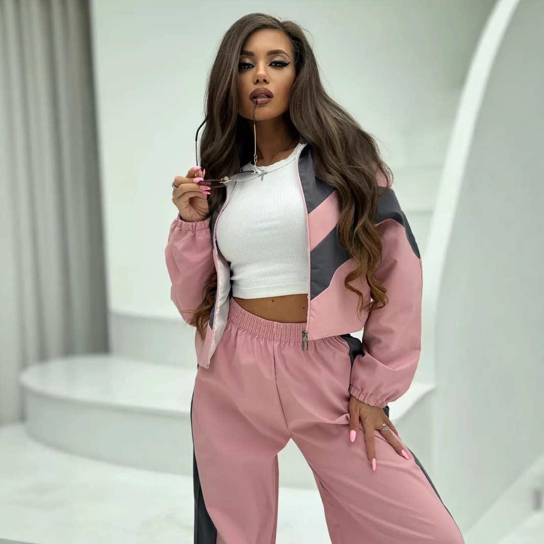 欧美女士休闲套装时尚宽松拼接长袖拉链开衫撞色上衣长裤运动套装