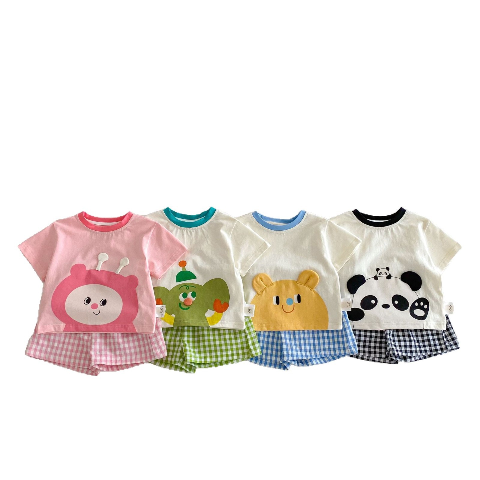 Children's cartoon set, Little Left and Little Right, summer girls' stylish short-sleeved T-shirt, thin boys' plaid shorts two-piece set Item Picture