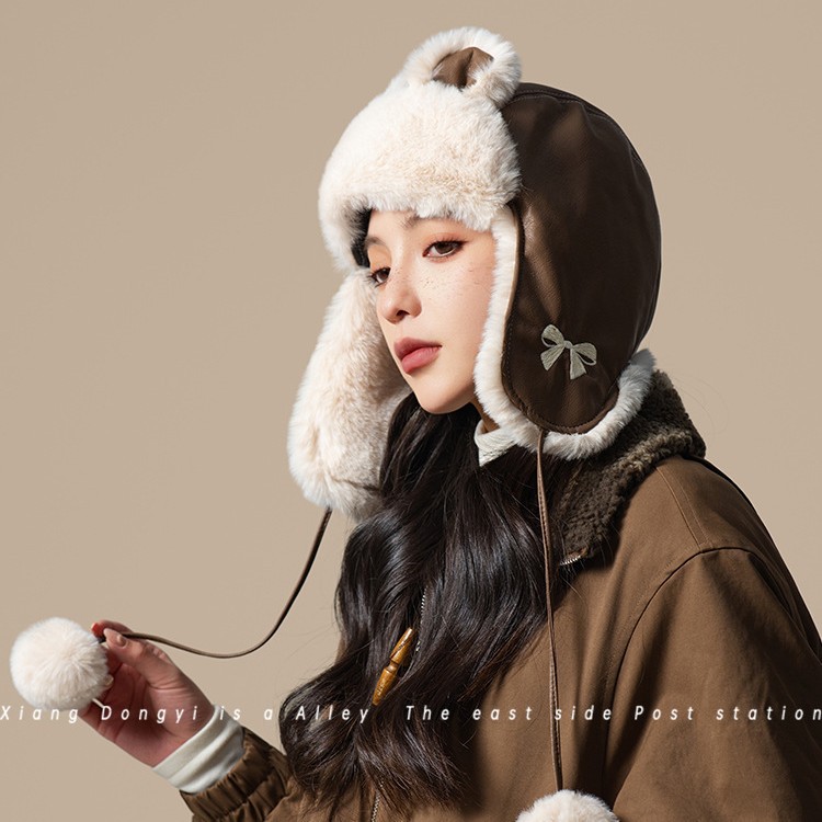 Cute little bear ear plush leather Lei Feng hat for women, winter with thickened fleece, windproof ear-protecting and warm hat, Northeast