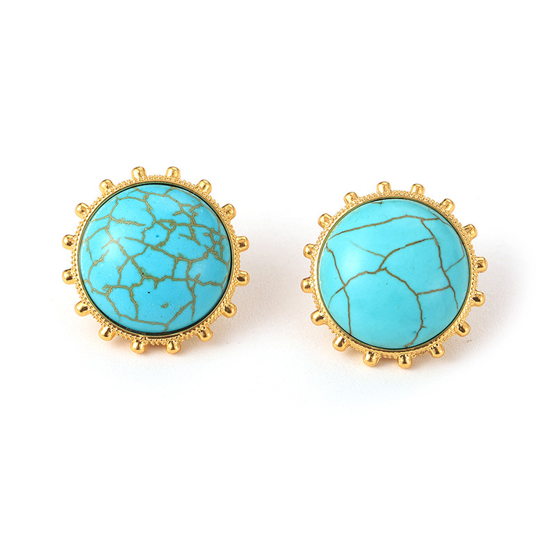 New sun round light luxury stud bead chain set, turquoise earrings, European and American fashionable retro geometric green earrings Item Picture