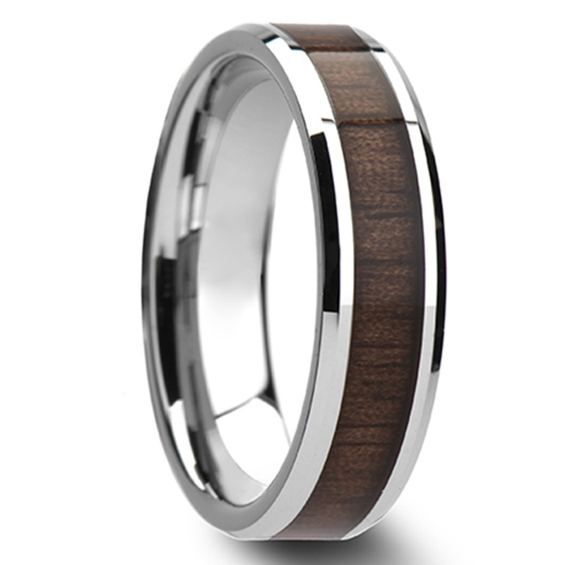 New European and American popular black walnut wood inlaid ring, hot-selling men's wedding ring, stainless steel jewelry factory wholesale