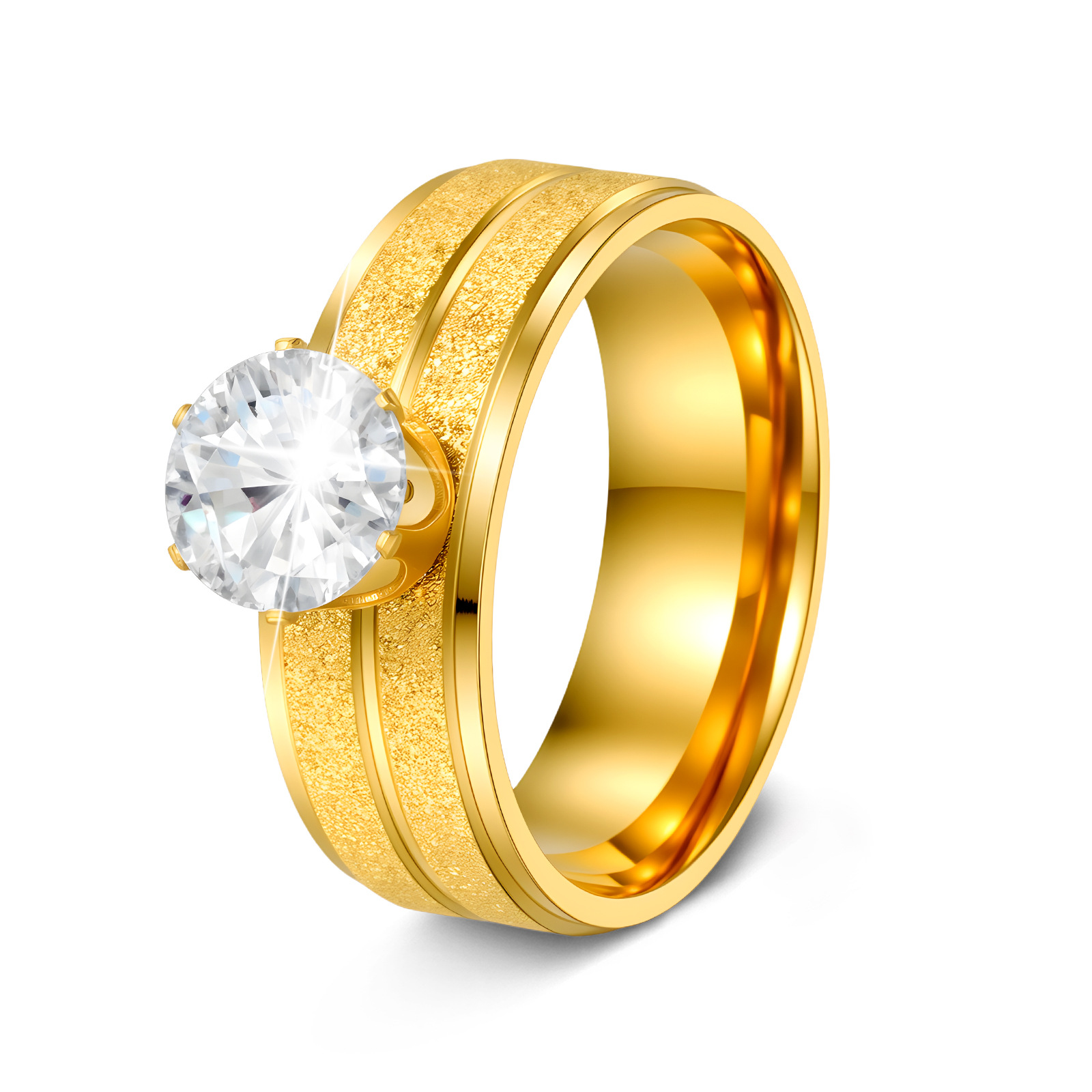 Cross-border European and American stainless steel jewelry, six-prong zircon women's ring, stainless steel electroplated with gold matte finish, 8MM wide Item Picture