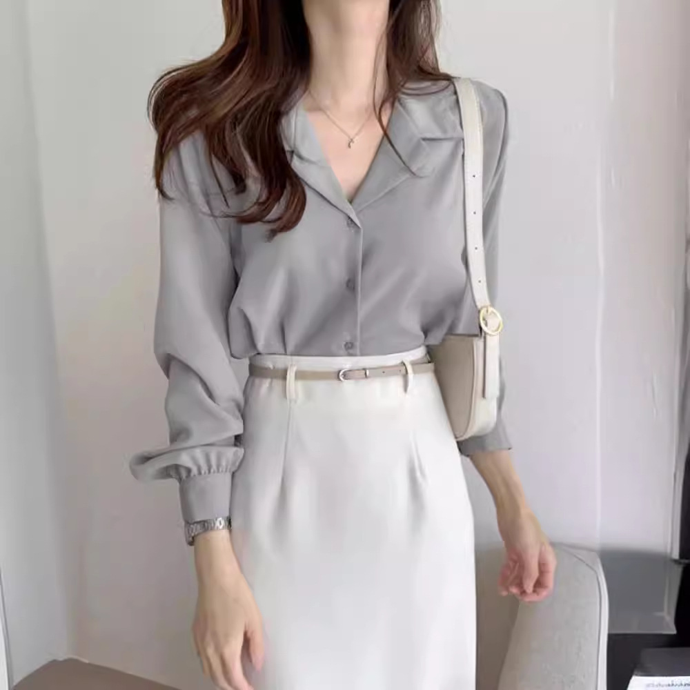 Korean chic2025 Spring/Summer simple solid color elegant suit collar chiffon shirt, French gentle long-sleeved shirt for women