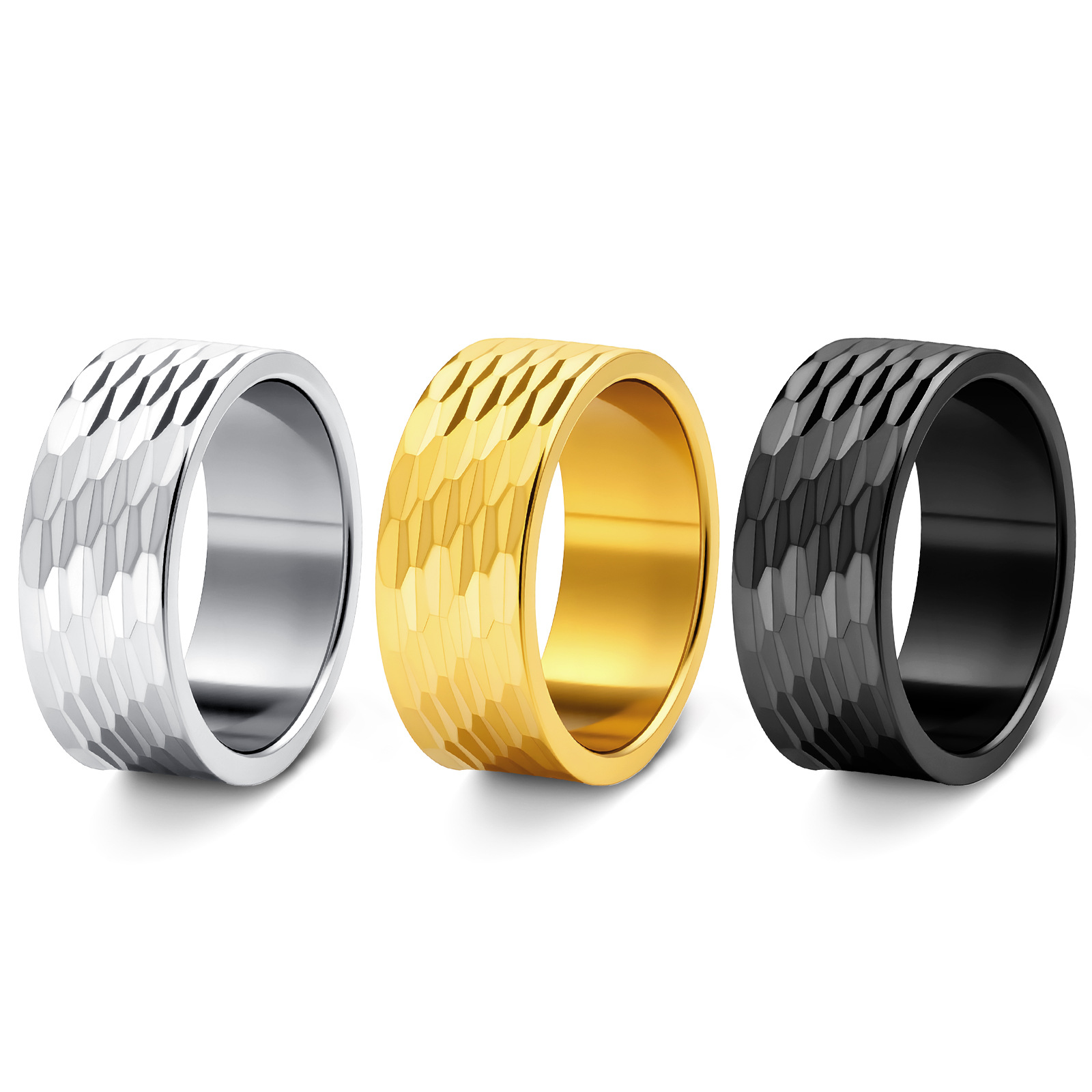 2024 Cross-border new product jewelry: European and American men's accessories 12mm wide hammered pattern large ring men's finger ring titanium steel ring