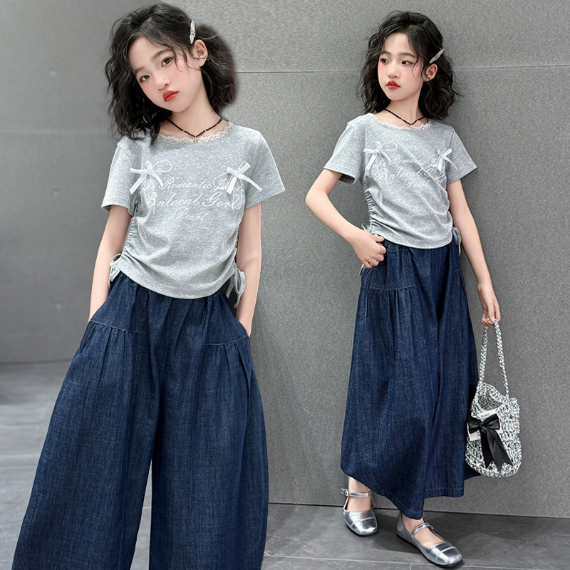 Girls' Summer Set 2026 New Style Children's Stylish pure cotton short-sleeved T-shirt, Big kids' top, denim wide-leg pants