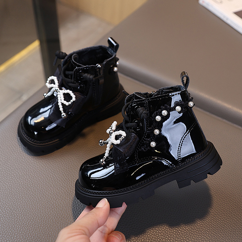 Girls' solid-color ankle boots 2025 autumn new style Children's pearl-decorated cute bow princess Martin boots single boots Specification image