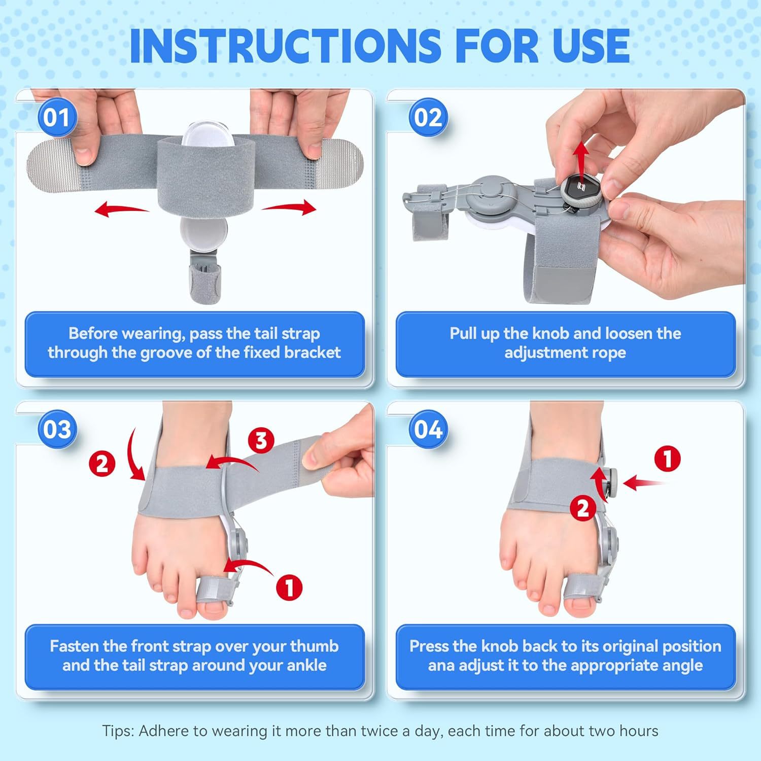 Knob adjustment of the thumb eversion corrector, big foot bone, foot protrusion separator, male and female overlapping toe separator Specification image