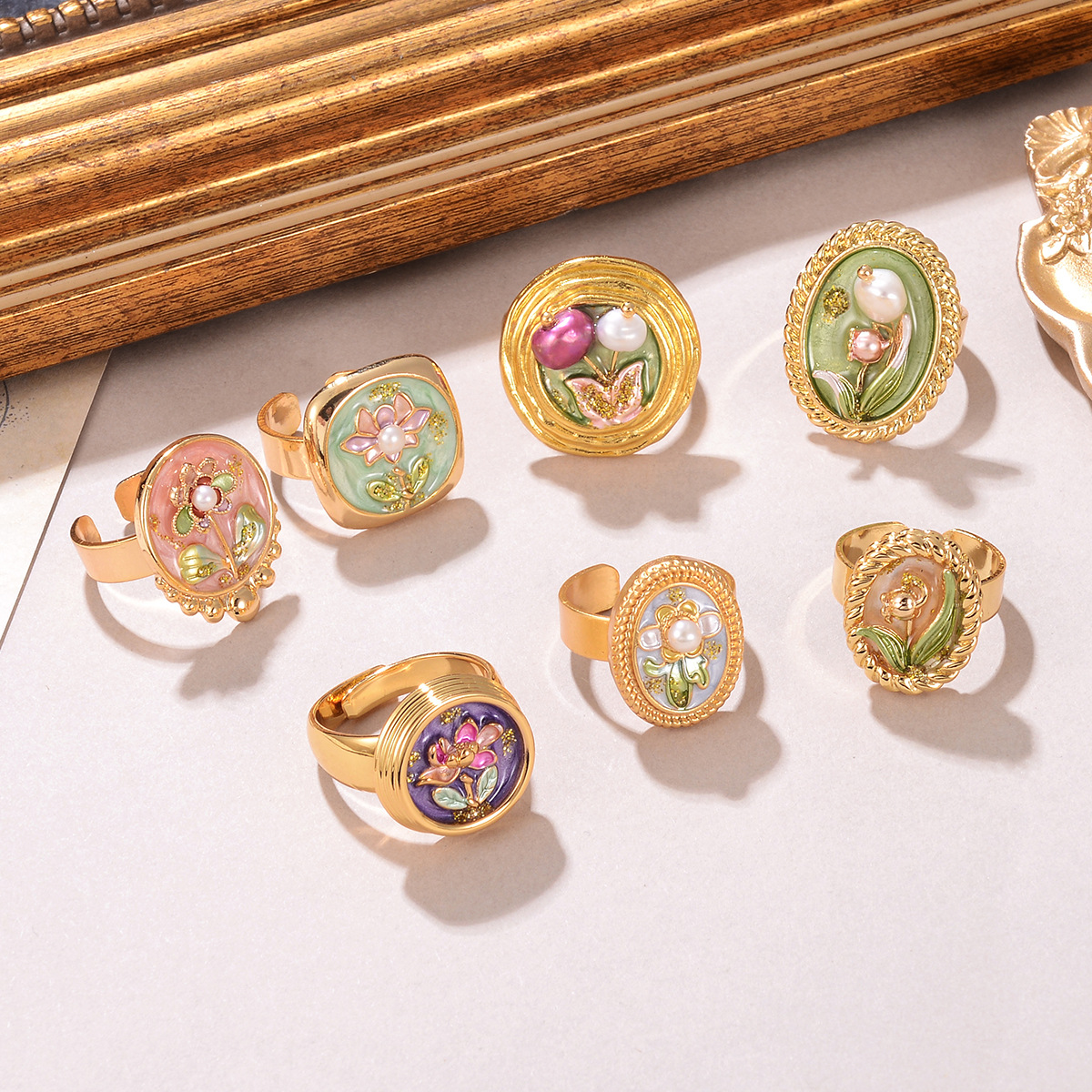 天然珍珠花卉戒指2024新款夏季百搭高级感复古小众莫奈花园手饰女