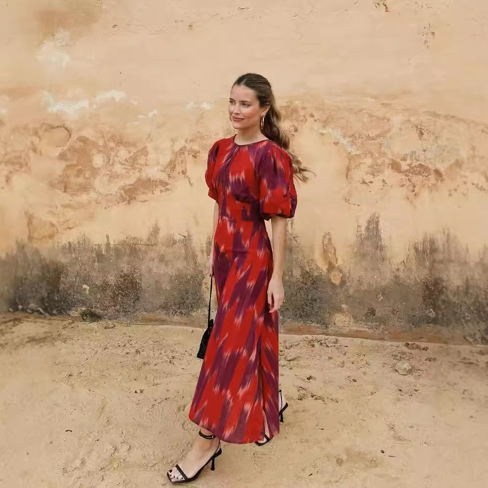 2073 European and American women's wear 2024 Summer New Round Neck Printed Tie Dress Specification drawing