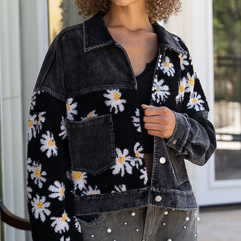 European and American cross-border women's clothing, retro and aged washed corduroy patchwork woolen coat, hip-hop fashion, chrysanthemum, Amazon details Picture