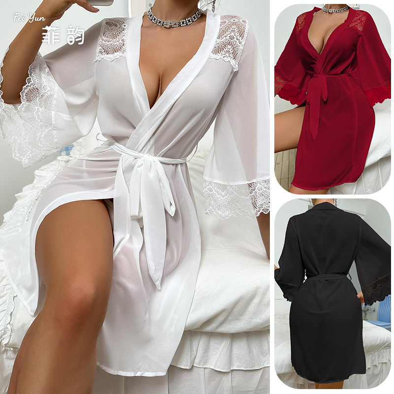 Cross-border trade sexy pajamas, chiffon lace patchwork see-through bathrobes, tempting ladies' cardigan outerwear wholesale 019