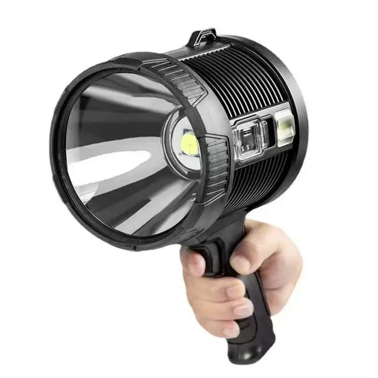 Cross-border high-intensity searchlight, hiking rechargeable solar flashlight, detection lamp, red, blue and yellow flashing, bracket-type portable lamp