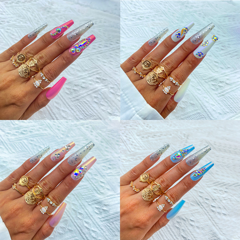 Wholesale of new cross-border artificial nails, extended trapezoidal ballet nail plates, diy nail art with rhinocones, and long wearable nails from Europe and America