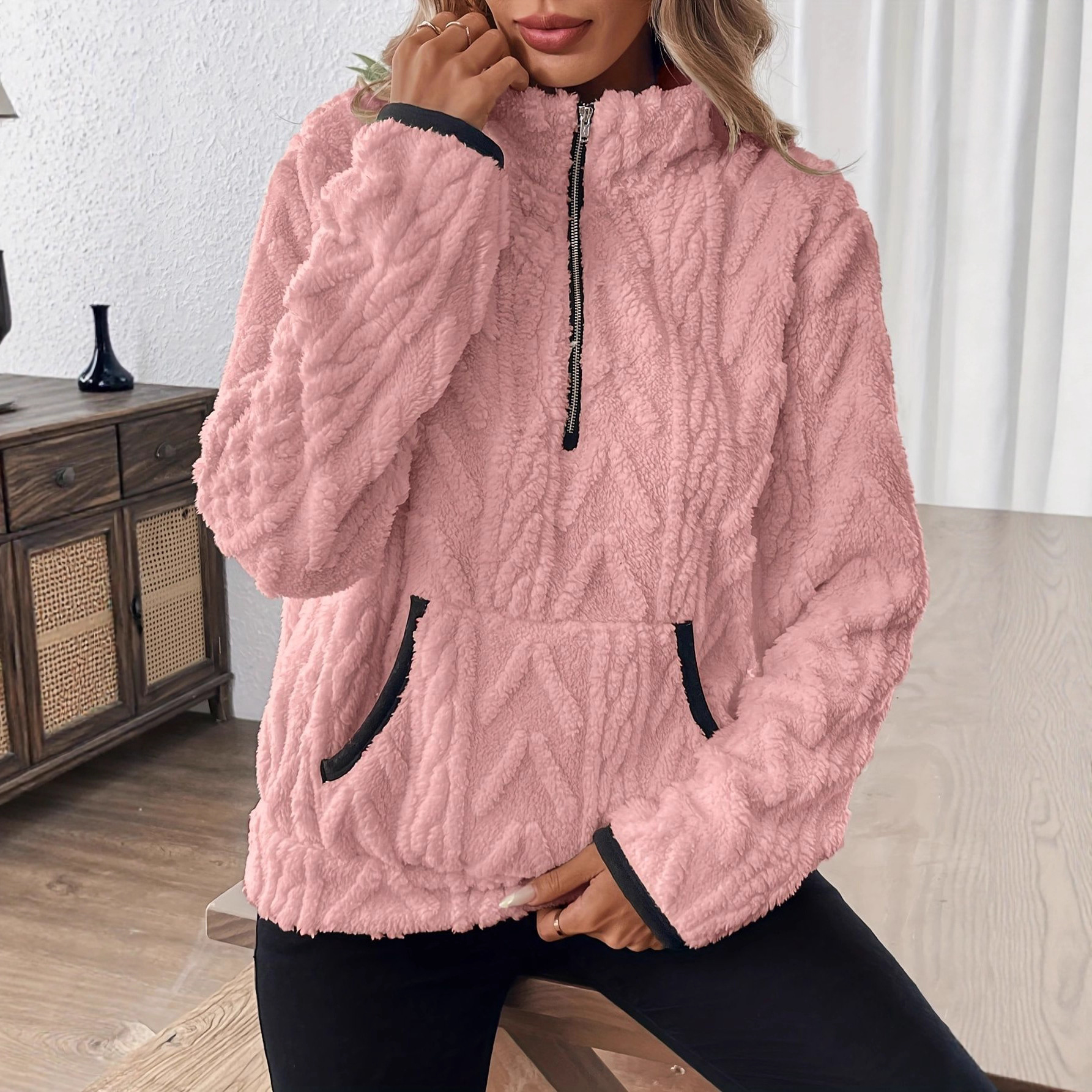 Cross-border 2025 Autumn/Winter new style European and American lapel chanel-style jacquard semi-zipper plush pocket short sweatshirt details Picture