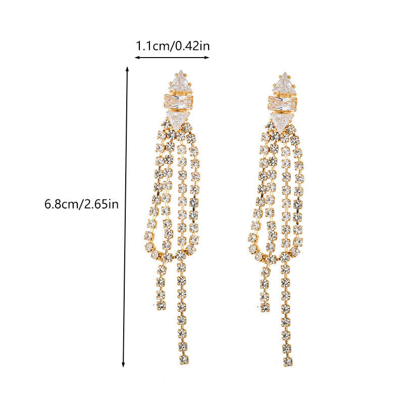 Fashionable, simple and light luxury full-diamond tassel earrings, cross-border European and American accessories, versatile for women's fashion, zircon rhinestone shiny earrings and accessories details Picture