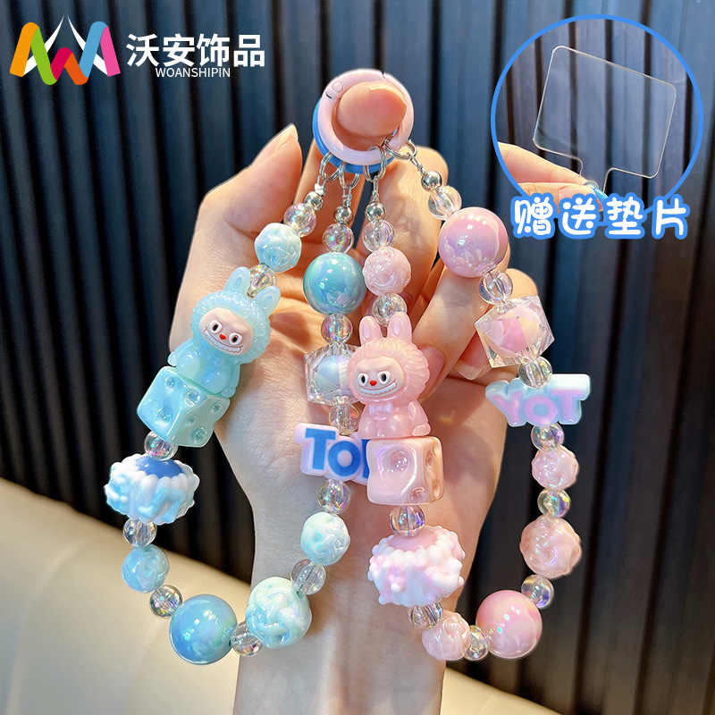 彩色珠串手机挂件 蓝粉系卡通玩偶配透明珠饰 绿幽灵水晶手机链