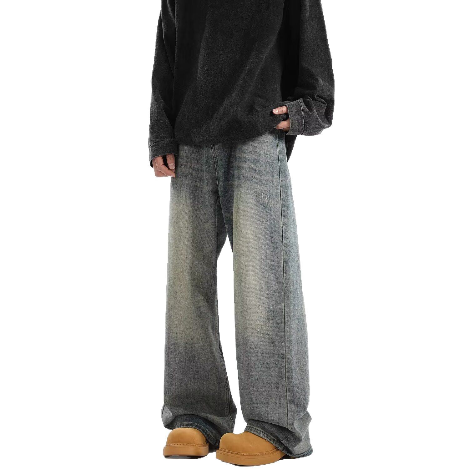 Spring and autumn washed American retro jeans, trendy men's spring trendy brand's heavyweight wide-leg pants, loose straight-leg trousers Item Picture