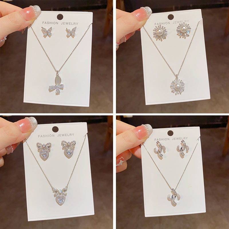 两件套组合套装 精致时尚百搭微镶锆石耳钉夏季小清新简约锁骨链详情图3