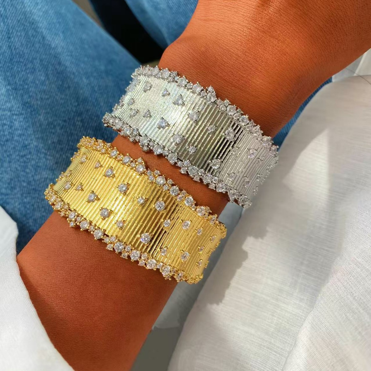 European and American wind Starry Sky brushed bracelet ring, full zirconium inlay, wide edge opening design cross-border jewelry supply manufacturer