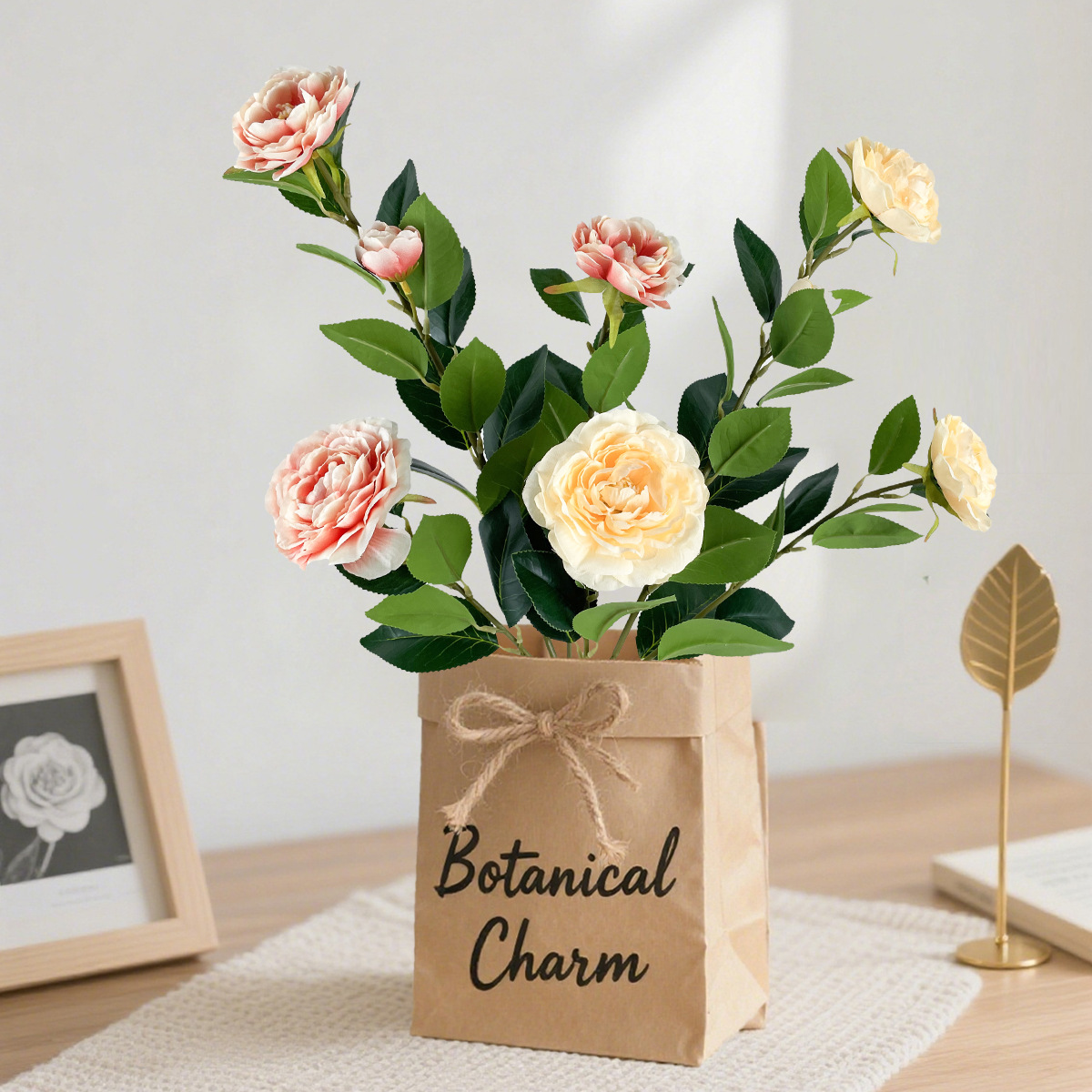 Multi-head artificial camellia branches, gardenias, dining table, living room, home decoration, artificial flower arrangements, flower tree landscaping, and photo props details Picture