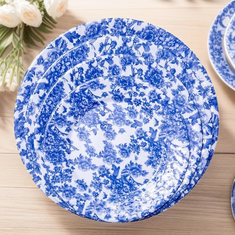 Melamine blue and white plates, imitation porcelain tableware, round plates for restaurants and hotels, commercial durable vegetable plates, blue and white plastic plates full figure