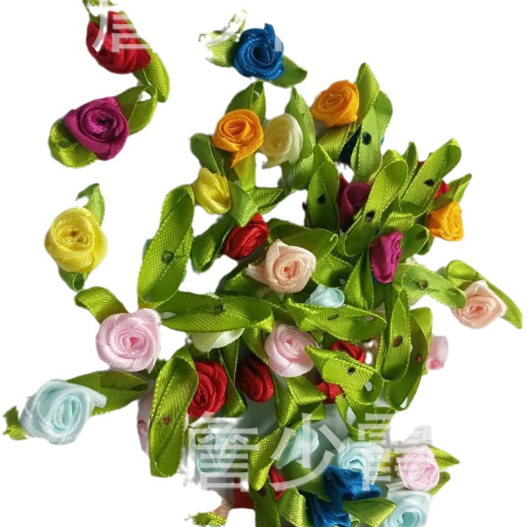 Colorful small rose craft accessories/Ribbon flowers with leaf roses/ribbon flowers 2.5x1.4cm DIY accessories Item Picture