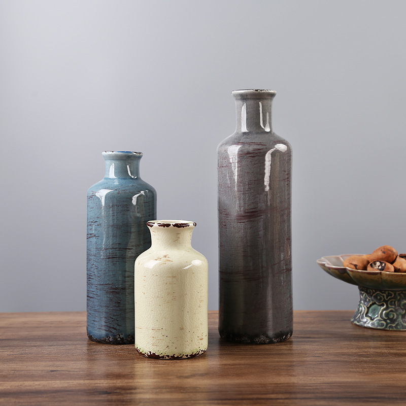 2025 Cross-border Rural Ice-Crack Ceramic Vase in Gray, Blue and Green 3-piece Set Bohemian Retro Home Decoration Farmhouse Vase details Picture