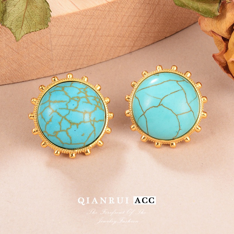 New sun round light luxury stud bead chain set, turquoise earrings, European and American fashionable retro geometric green earrings details Picture