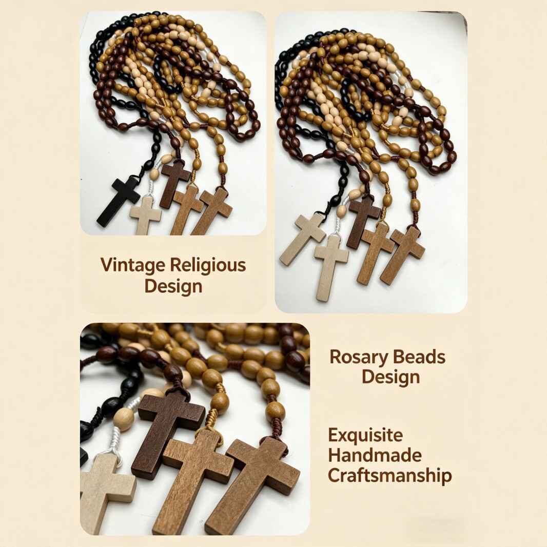 A set of 5 pieces of 8*10mm rice-shaped wooden prayer bead necklaces, hand-woven vintage rope accessories, cross-border supply Application Scenario