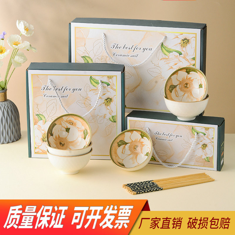 Gift bowl set, camellia ceramic tableware bowl set, gift box set, opening ceremony gift and souvenir bowl, chopstick set