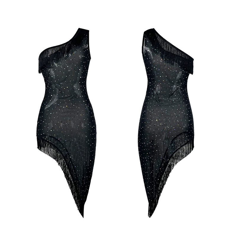 Feiyun Cross-border single-shoulder hot diamond mesh fabric seductive nightdress with irregular fringes and see-through, a sexy home wear for 736 Item Picture