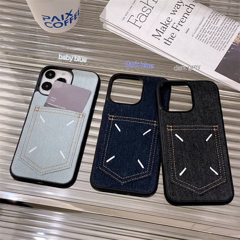 The 17promax phone case made of European and American denim card insert is suitable for iPhone16. It features a full leather cover with 15 embroidery and 14 hard case