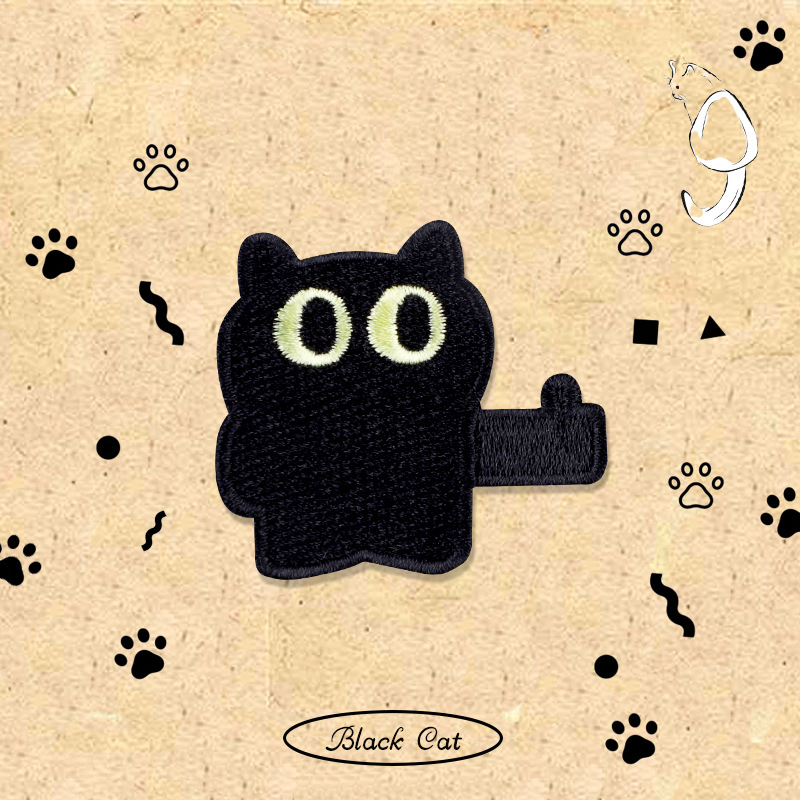 Cartoon little black cat embroidery patch, hand journal, DIY mobile phone decoration, schoolbag, Longxiang self-adhesive paper, clothes patch Application Scenario