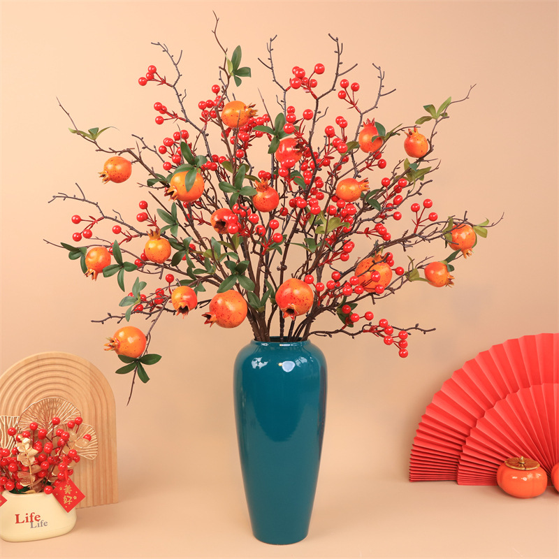 Pomegranate flower, artificial flower arrangement, Holly, red fruit, money fruit, persimmon, New Year decoration, dried flower bouquet for New Year's Eve Specification image