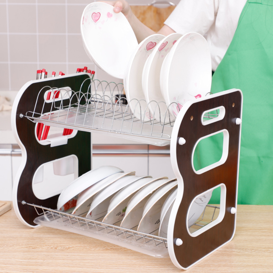 Foreign trade draining bowl rack, iron art kitchen floor double-layer storage rack, creative household bowl and chopstick storage, kitchen dish rack