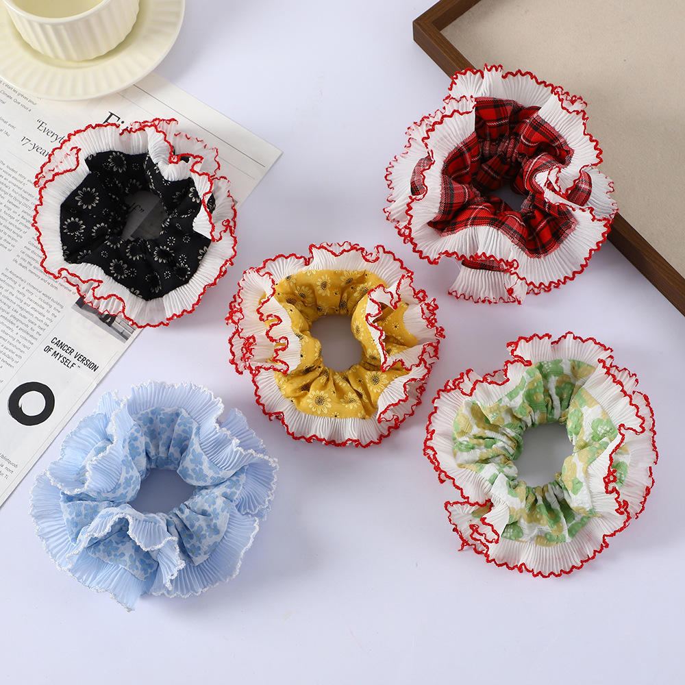 Wholesale of Korean-style fresh and light lace hair bands, double-layer large color-blocking large intestine hair bands, and female ponytail hair ties at the back of the head details Picture