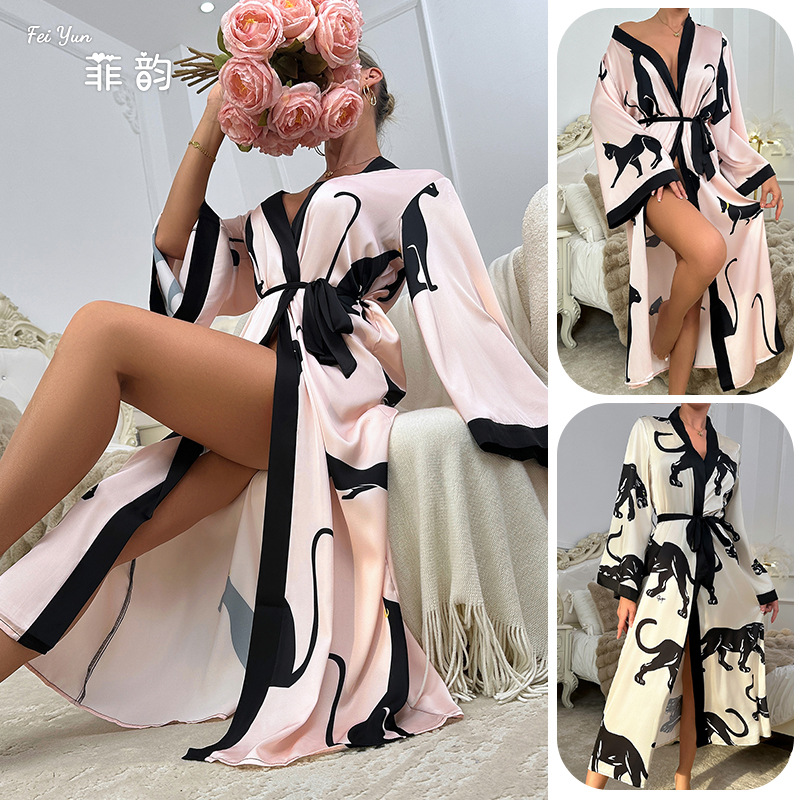 European and American Amazon cross-border women's long satin printed bathrobes, bathrobes, long-sleeved lace-up sexy home wear 838 full figure