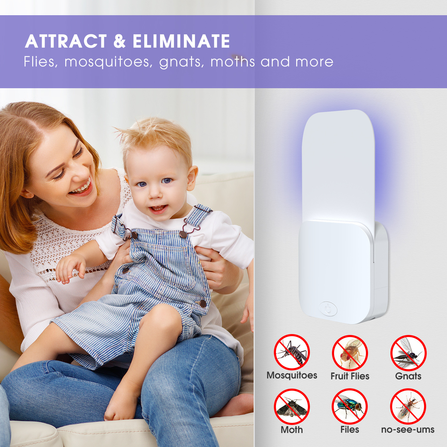 White sticky mosquito-killing lamp with purple UV lamp grid panel USB mini electric mosquito swatter details Picture