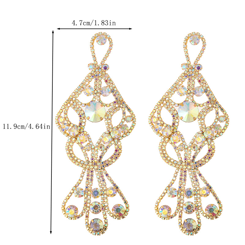 Cross-border exaggerated colored diamond earrings, European and American fashion AB diamond shiny long pendant design sense diamond-encrusted claw chain jewelry Specification image