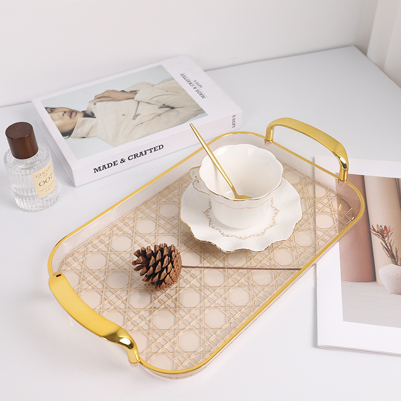 QiyuePET Light Luxury tray, water cup, plastic tea tray, transparent ins fruit tray, transparent gold edge storage tray details Picture