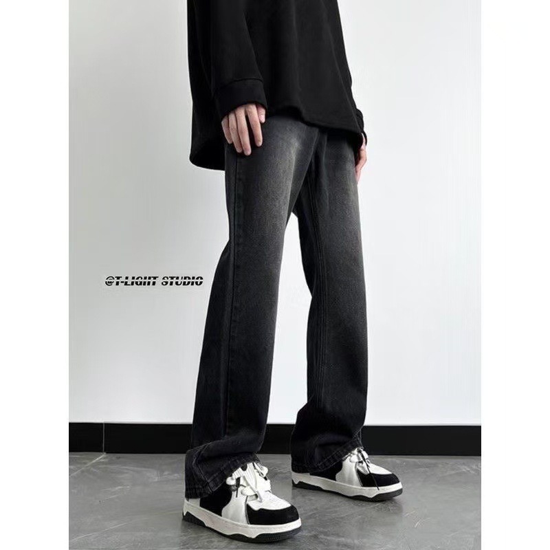 Spring 2025 foreign trade micro-flared jeans, men's slimming American high street wide-leg pants, washed retro men's long pants details Picture