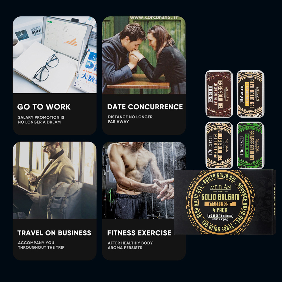 【 Cross-border Exclusive 】 Wholesale of Meidian Solid Balm, Solid Perfume, Long-lasting Men's Fragrance, Portable Balm Set Application Scenario