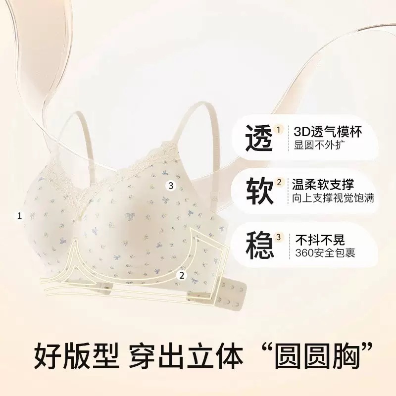 蕾丝碎花内衣女小胸聚拢显大提拉防下垂收副乳法式甜美透气文胸罩细节图