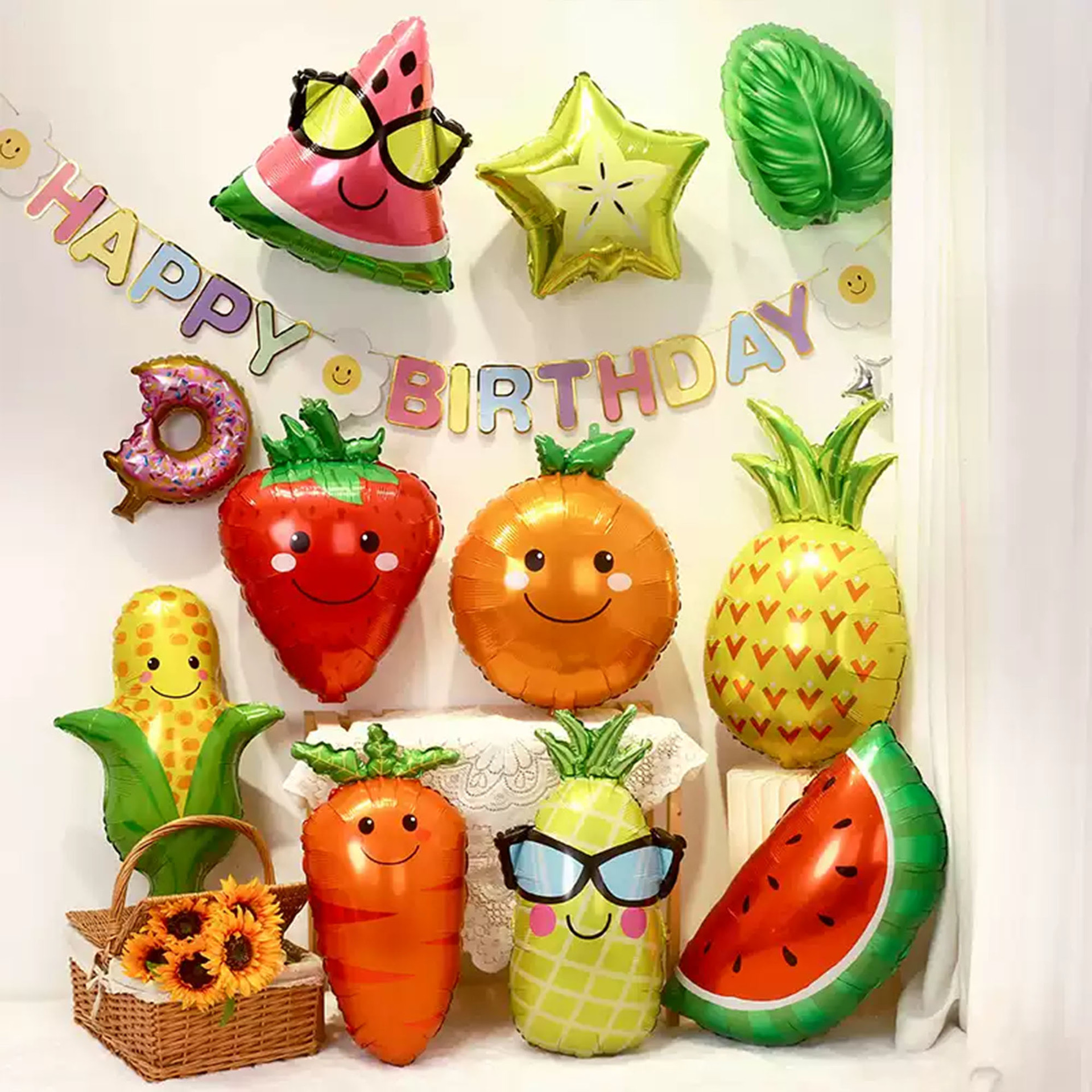 夏日多巴胺水果蔬菜气球幼儿园教室生日派对百日开荤仪式布置装饰
