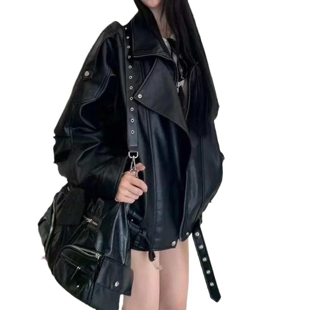 美式复古又酷又飒PU皮夹克外套女秋冬新款辣妹帅气宽松机车服上衣白底实物图