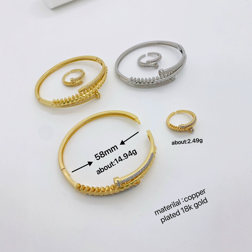 New diamond-shaped micro-inlaid zircon nail bracelet ring set, simple style copper gold-plated women's jewelry wholesale Specification image